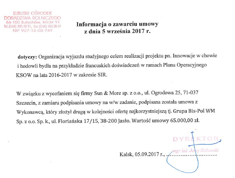 informacja o zawarciu umowy